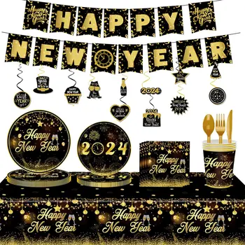 2024 Нова Година Еднократна употреба прибори Чинии, Чаши Коледна Покривка Нова Година 2024 Украса на парти Коледен банер декор от балони