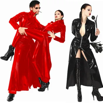 Червено-черен латексный гащеризон от PVC, кожен гащеризон The Matrix Costume, Латексный костюм за гейовете, Еластична ликра, лачена кожа, дълга козина
