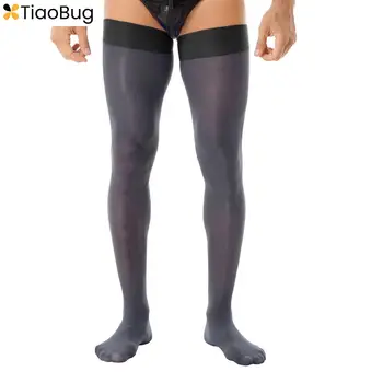 Мъжки блестящ гланц дълги чорапи, мъжки екзотични Прозрачни Тънки обикновена еластични прозрачни чорапи до бедрото чорапи носочные изделия над коляното