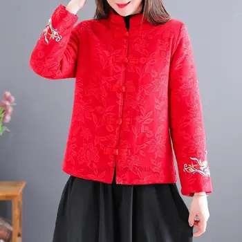 2024 китайската национална яке с бродерия на цветя, жаккардовое палто с етническа памучна подплата, костюм в стил ретро тан, яка-часова, плътно топло палто