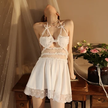 Бельо, Секси бельо-бяло нощно рокля, Горещо еротично бельо, нощница с цепка Порно, Сатенени костюми, Прозрачна нощница