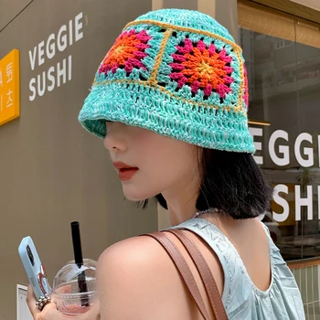 Корейската вязаная ръчно шапка-кофа за Пролетно-летния цвят С красиви цветя, издълбани Сладък Японски ретро-универсална шапка за шкафче за баня за жени