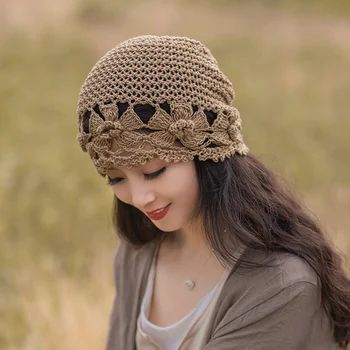 Дамски пролетно-лятна шапка с тънък плетене на една кука във формата на цвете, выдолбленная вязаная шапка, забрадка, Женствена дантела, козирка Baotou
