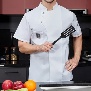 Ежедневни мъжки Дамски униформи готвач Тениски Джобове с къс ръкав Копчета Мека работно облекло за хлебни ресторант Кухненски върховете Тениска