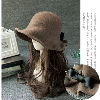 Корейската версия на 2023 г. Нова Реколта Шапка-кофа от изкуствена вълна С кръгла горна част, Модна Шапка с лък, Рибарска шапка