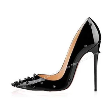 Най-новите дамски обувки-лодка на висок ток от лачена кожа с нитове, пикантни женски обувки-лодка на тънък ток, черен цвят телесен цвят с остри пръсти