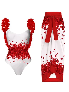 Лято 2023, Нов дамски комплект бикини със съраунд принтом под формата на червени венчелистчета на бял фон с двойни бретельками, монтиране бански