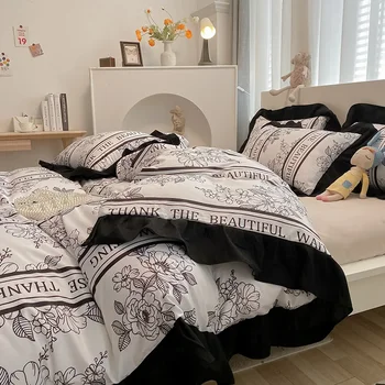 Комплект спално бельо в скандинавскую луксозна клетка с цветя, модерно спално бельо с калъфка 1/2 бр., чаршаф, чаршаф за спални момичета