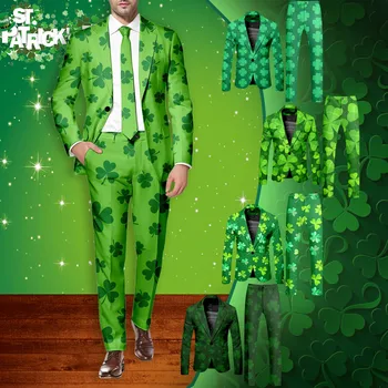 Мъжко палто и панталони, костюми-двойка, зелен костюм с принтом детелини на Деня на Св. Патрик Ирландски национален ден за празнични партита terno masculino