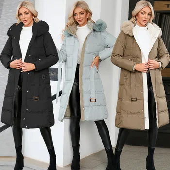 Утягивающее памучни палто с контрастни кожа яка Дамско палто със средна дължина, 2023, Новостите на зимата, на Европейското американското топло палто с качулка