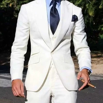 Мъжки костюми за сватба 2023, Блейзър на младоженеца Terno, бяла однобортный костюм с ревера, мъжко яке-тройка, Панталони, жилетка