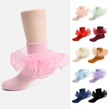 Дантелени памучни мрежести чорапи дишащи принцеса с рюшами, къси чорапи на щиколотке за деца, бели, розови, сини,, за момиченца,, за деца
