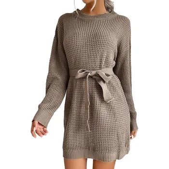 Секси ежедневна рокля-пуловер с колан 2023, есен-зима, однотонное трикотажное мини-рокля с кръгло деколте и дълъг ръкав, Свободни пуловери