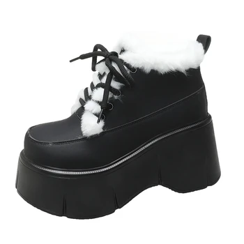 Топли зимни обувки за жени, зимни плюшен обувки с памучна подплата, дамски кожени ботильоны на висок ток 9 см, нескользящая обувки на платформа
