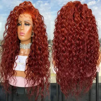 Медно-червено-Оранжево Извратени синтетични перука на дантели 13X4, Термостойкое влакна, натурална линия на растеж на коса с коса на бебето За женски перуки