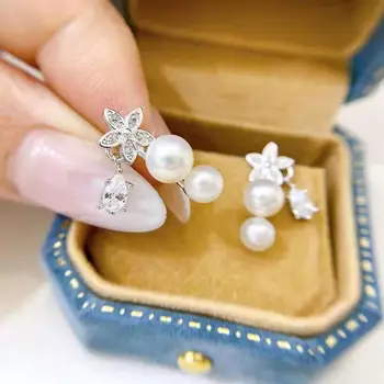 M418, сребро 925 проба, кръгли обеци-карамфил от естествени сладководни бели перли 5-6 мм за жени, Изискани подаръци за рожден Ден
