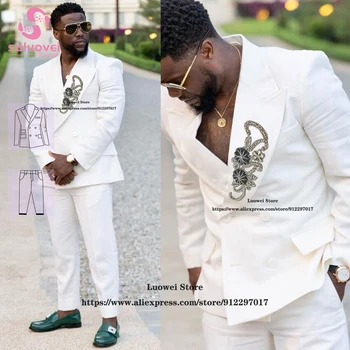 Модни Бели Костюми-Смокинги За Мъжете, Оборудвана Комплект Панталон От 2 части, Официално Сако За Сватбата на Младоженеца В Африканския Стил, Terno Masculino Completo