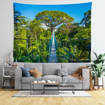 Приключенски гоблен в тропическите гори, горски висящ мост, стенен интериор на стаята, естетичен декор за спалня, инди стая в общежитието