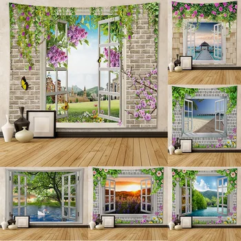 На фона на стена от гоблен 3D Прекрасен Пейзаж с красиви цветя на прозореца Украса тухлена фон Подвесная плат