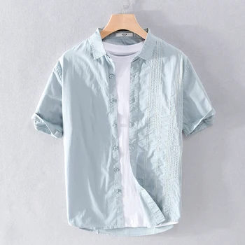 Летни ризи с бродерия от 100% Памук с къс ръкав, мъжки ежедневни удобни модни светло сини ризи за мъже, ризата camisa, върхове