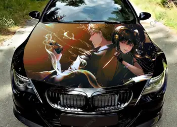 Винилови стикери върху предния капак на автомобила Spy × Family аниме Пренасяне на винил фолио Етикети на капака на двигателя, стикер на колата, Автоаксесоари