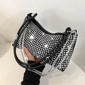 Чанта през рамо с блестящи кристали, дамски луксозни дизайнерски чанти на сребърна верига с кристали, малки чанти-клатчи и чанти за партита