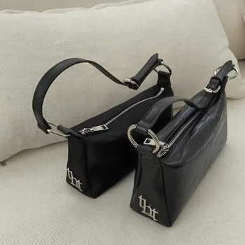 24S Корейската мода черна чанта през рамо, дамски ежедневни чанти Y2k в стил Ins, Регулируеми мини-чанти-незабавни посланици с цип за жени