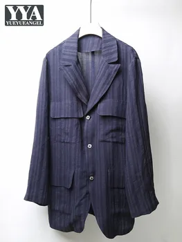 Висококачествен Мъжки Бельо Casual Блейзър С джобове, Однобортный яке в винтажную лента за бизнес Мъже, Работно палто, Брендовый Дизайнерски Блейзър