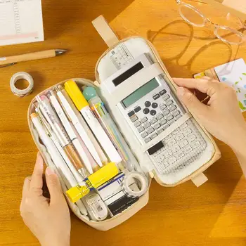 Капацитетът козметични чанти Двуслойни молив случай с цип Органайзер за химикалки, четки за грим, по-устойчив на абразия дизайн, калъф за моливи