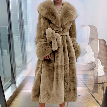 Дамско дълго палто от изкуствена кожа, голям кожа яка, колан, Свободни ежедневните си палто, зимна мода