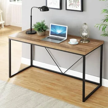 Ретро компютърно бюро за домашния офис, игрална маса от дърво и метал, бюро от дъб, 55 инча, безплатна компютърна мебели