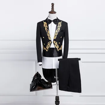 Мъжки костюм със златна бродерия на цветя, черен, бял, елегантен смокинг, фрак, яке и панталони, комплект блейзър за бала и сватбена вечеря, мъжки комплект от 2 теми