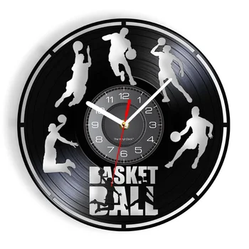 Баскетболно Ретро Vinyl плоча Стенни часовници за детска стая Спортен интериор Силует баскетболист Стенни часовници Подарък basketballer