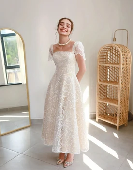 AsaNagi Бели дантелени рокли за бала с квадратна деколте дължина до щиколоток, женски винтажное елегантна сватбена рокля 2023 Robe Femme Soirée