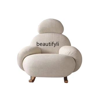 Индивидуално стол за почивка, разтегателен от вълна от овце, бяло люлеещ се стол, дълбоко кресло в скандинавски кремовом стил, просто и мило