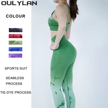 Oulylan Спортни облекла от 2 теми Женски спортен костюм, Безшевни комплект за йога Дрехи за тренировки във фитнеса Гамаши с висока талия Спортни костюми за фитнес