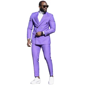 Пролет-лято Блестящи лилави мъжки костюми Slim Fit, 2 броя, двубортная / сватбена мъжки дрехи, ежедневни комплект, сако, панталони