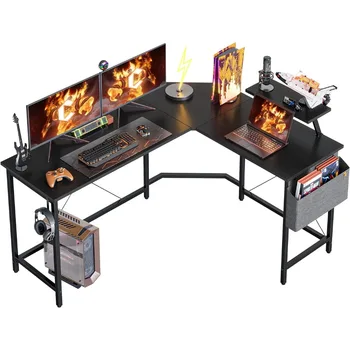 Игрална маса L-образна форма 59,1 инча, компютърно бюро за домашния офис с поставка за монитор, черен