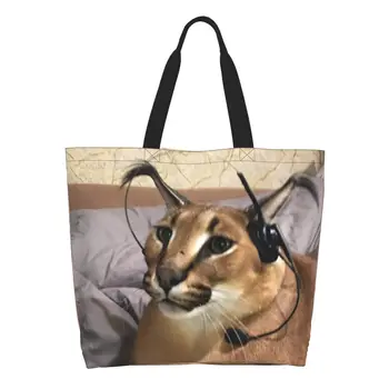 Рециклиране Голяма чанта за пазаруване Floppa, дамски холщовая чанта-тоут, Трайни Забавни чанти за пазаруване с котки-Каракалами
