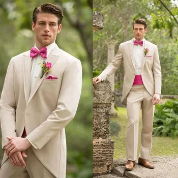 Бежови костюми с ревера на една пуговице за мъже, елегантен сватбен фрак младоженеца, мъжки костюм за бала, банкет, от 2 теми (сако + панталон)