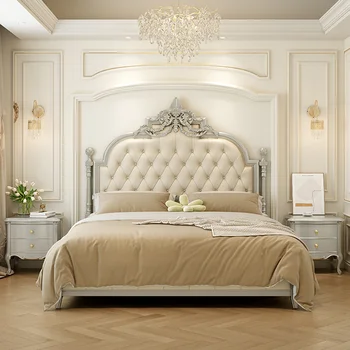 Френски светлина Луксозна спалня от масивно черешово дърво и Кремава на цвят Легло принцеса от естествена кожа Дворцовата резбовани двойно легло