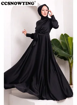 Мюсюлманските вечерни рокли от сатен талия, Мюсюлмански вечерни рокли с дълъг ръкав, Ислямски вечерни рокли с високо воротом, женски хигаб, арабски вечерни рокли