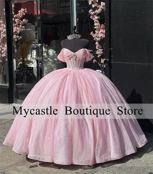 Нови розови Буйни рокли принцеса 2023 г., бална рокля с открити рамене, расшитое мъниста, Сладки 16 рокли, рокли за парти по случай рождения ден на дантела