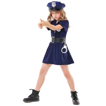Бебешка рокля на полицай за момичета, обличане на полицай, копчета, комплект шапка с колан, детски костюм на полицай за ролеви игри на Хелоуин