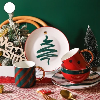 Креативните Коледни Керамични чаши с прибори за хранене с златен кант, Купа за супа, Купи за пържоли в западен стил, Десертни чинии, чаши за Кафе, Празнични подаръци