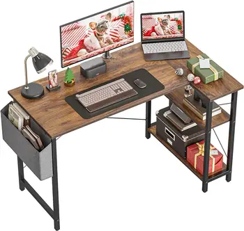 40-инчов малък компютърен маса L-образна форма с рафтове за съхранение, ъглово бюро за офис, работно бюро за обучение, тъмно-кафяв