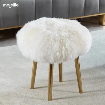 Бяло тоалетен стол в скандинавски стил, плюшен кръгла метална скамеечка за краката, табуретка за всекидневна, столче за преобличане за обувки, мебели за дома