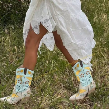 Цветни Ботуши до средата на Прасците С Принтом; Дамски Обувки в Западен стил, без закопчалка за Дебелите обувки С остър пръсти; по-Големи Размери 2023; Модни Zapatos Para Mujere