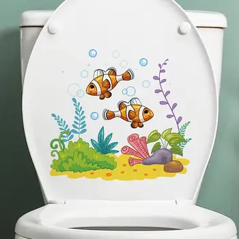 Стикер за тоалетна чиния Странен декор за тоалетна Мультяшная, Морска риба, Водорасли, Корали Водоустойчиви стикери за стени на баня на Кутията на седалката на тоалетната чиния