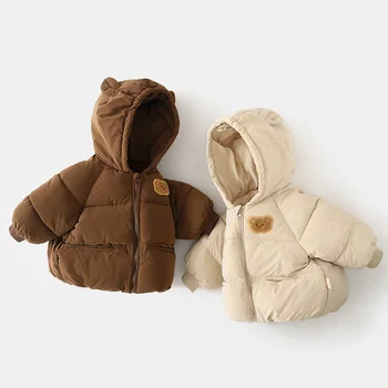 Детски зимни naka яке 2023 г., зимни палта с сладък мечок, утепленная памучен облекло за момичета и момчета, детски паркове с качулка 1-6 години